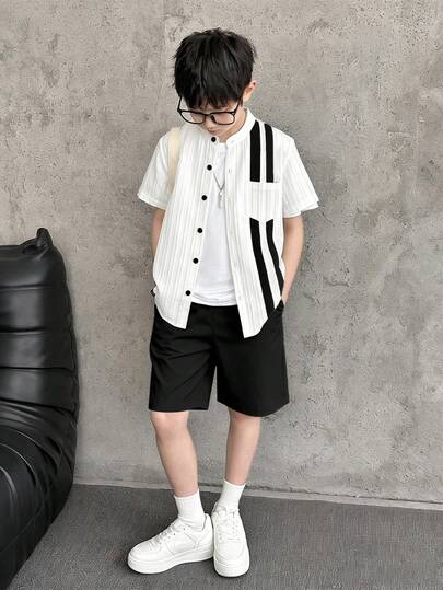 SHEIN Vacaura 3pcs/Set Tween BoysWhite Shirt With Contrast Floral Pattern, Loose White Pants With Contrast Pattern, And Ribbon Decor