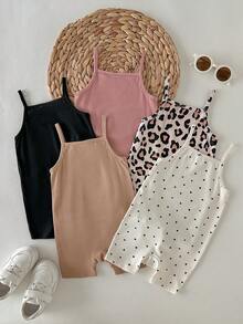 Loomiva 5pcs Baby Girl Leopard Print & Solid Color Soft Knit Camisole Romper Set - Multicolor - View 2