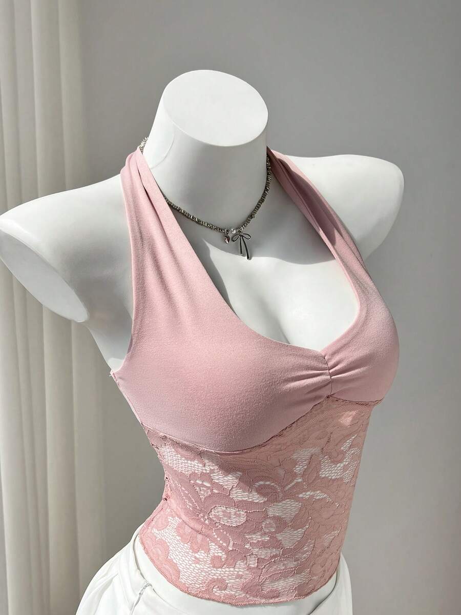 Flirla 女士优雅蕾丝拼接黑色吊带露背吊带休闲背心,适合日常穿着,秋冬季百搭单品 - 粉色 - 查看 1