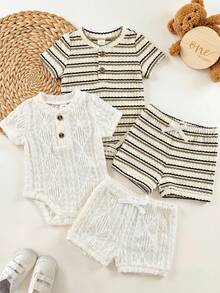 4pcs/Set Newborn Baby Boy/Girl Summer Cute Striped Blue Short Sleeve Romper & Shorts 4-Piece Outfit, Suitable For Home & Outings - Multicolor - View 9