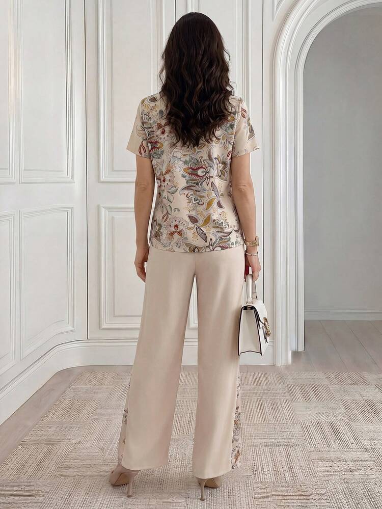 2pcs Women's Floral Print Short Sleeve Shirt And Pants Set With Waist Tie, Summer,Summer Set For Women,Festival Outfits For Women,Mother's Day ,Casual Set For Women,Vacation Outfits Women,Brown Set
