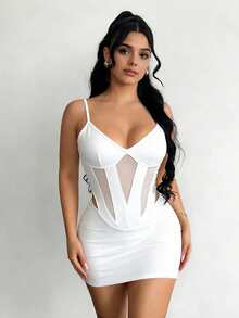 Zyxie Spaghetti Strap Mesh Patchwork Hollow Out Design Bodycon Mini Dress For Women - White - View 6