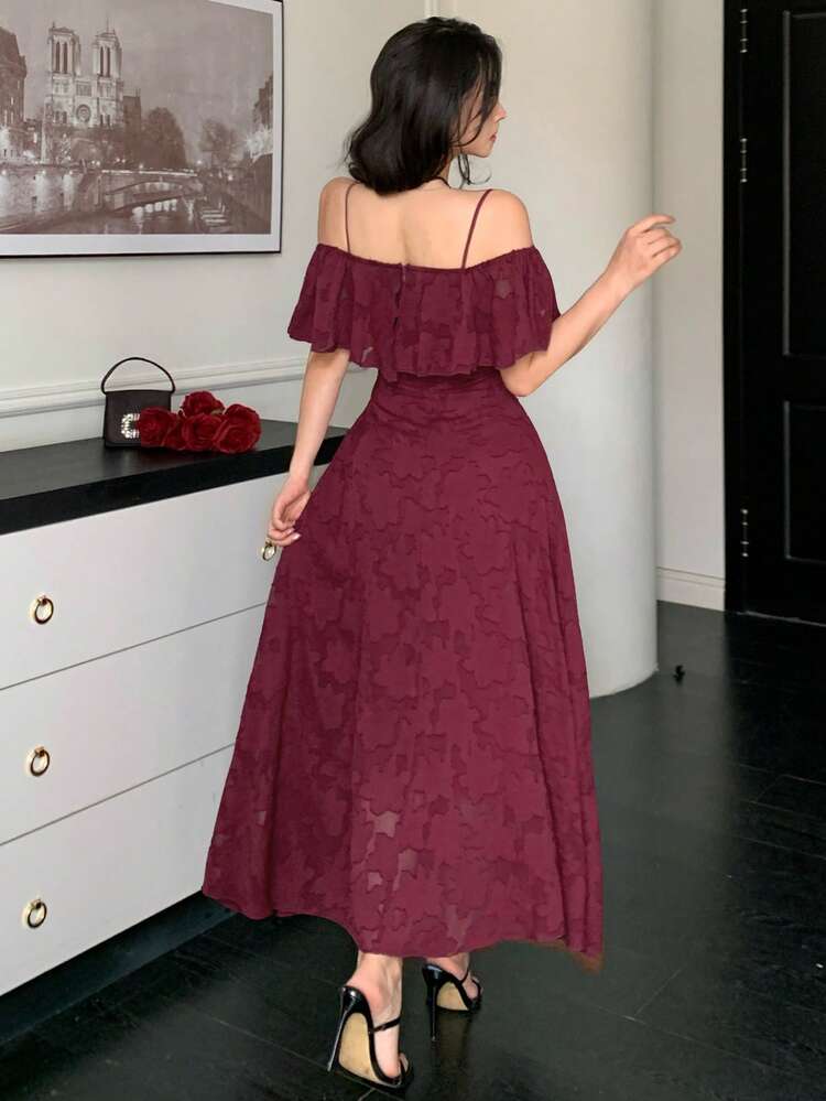 Elegant Burgundy Autumn French Style Spaghetti Strap Off-Shoulder Red Dress,Unique Long Sun Dresses For Women,Casual Wear,Engagement Ceremony,Dining