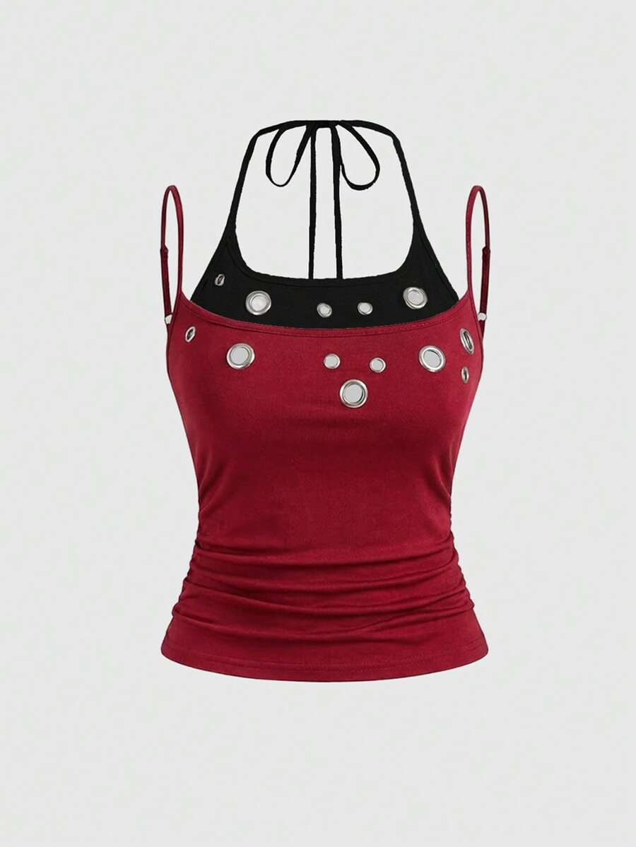 ROMWE J-Fashion Y2K Chic Chicken Eye Decor Sleeveless Top For Women - Burgundy - View 1