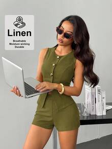 SHEIN PETITE Bộ vest nữ, thanh lịch và thoải mái. - xanh quân đội - Xem 4