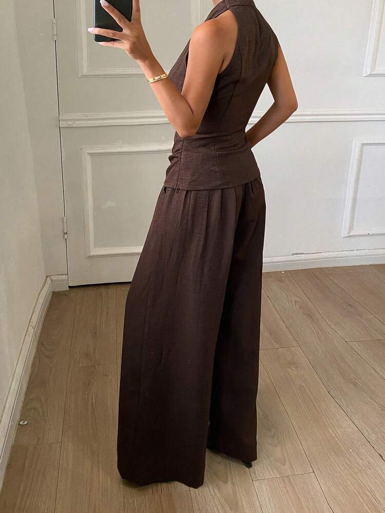 Spring & Summer Casual Elegant Office Outfit, Sleeveless Wrap Shirt And Straight Leg Pants 2-Piece Set For Women Lounge Sets For Women
