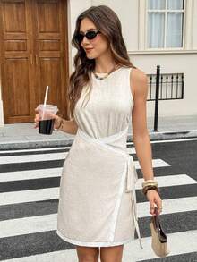 SHEIN Frenchy New Elegant Basic Casual Lace-Up Dress For Commuting Golf White Summer - Apricot - View 5