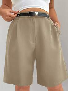 Ceyna Pantalones cortos de mujer de talla grande de unicolor, versátiles y elegantes de estilo casual - Caqui - Ver 1