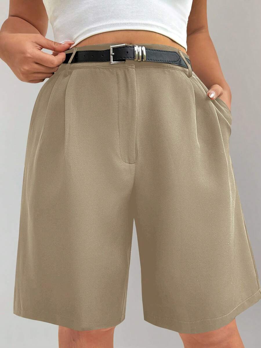 Ceyna Pantalones cortos de mujer de talla grande de unicolor, versátiles y elegantes de estilo casual - Caqui - Ver 1