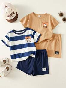 SHEIN 4pcs/Set Baby Boy Cute Cartoon Print Knit Short Sleeve Pajama Set, Summer Basic Multi-Piece Outfit - Multicolor - View 9