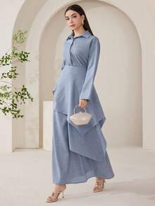 Veilorie Women's Solid Color Long Sleeve Single-Breasted Shirt And Midi Skirt Arabic Style Set Teachers' Day Golf Pastal Autumn Sexy - Blue - View 9