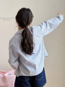 DAZY Oversized Girls Casual Loose Striped Long Sleeve Shirt - Blue - View 6