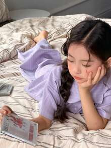 DAZY Bộ đồ hai mảnh kẻ sọc dáng rộng thoải mái dành cho bé gái tuổi teen, đồ mặc nhà. - Màu tím - Xem 6