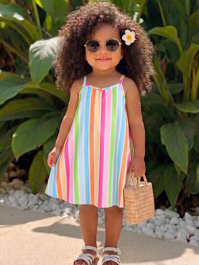 SHEIN 女婴彩色条纹宽松无袖连衣裙，轻薄透气，适合夏季度假