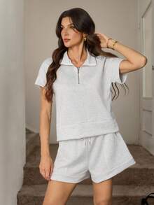 SHEIN Tall Bộ đồ nữ thường ngày đơn giản, màu trơn, tay ngắn và quần short, khóa kéo nửa thân trước, thích hợp cho mùa hè. - Màu Xám nhạt - Xem 4