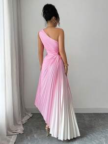 Modelyn Yellow Sleeveless Asymmetric Neck Pleated Ombre Dress For Women - Pink - View 2