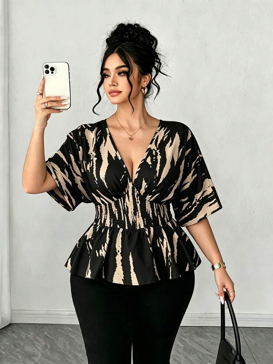 SHEIN Elenzya 大码女式V领插肩袖休闲衬衫,适合外出、聚会和通勤。 - 黑色 - 查看 1