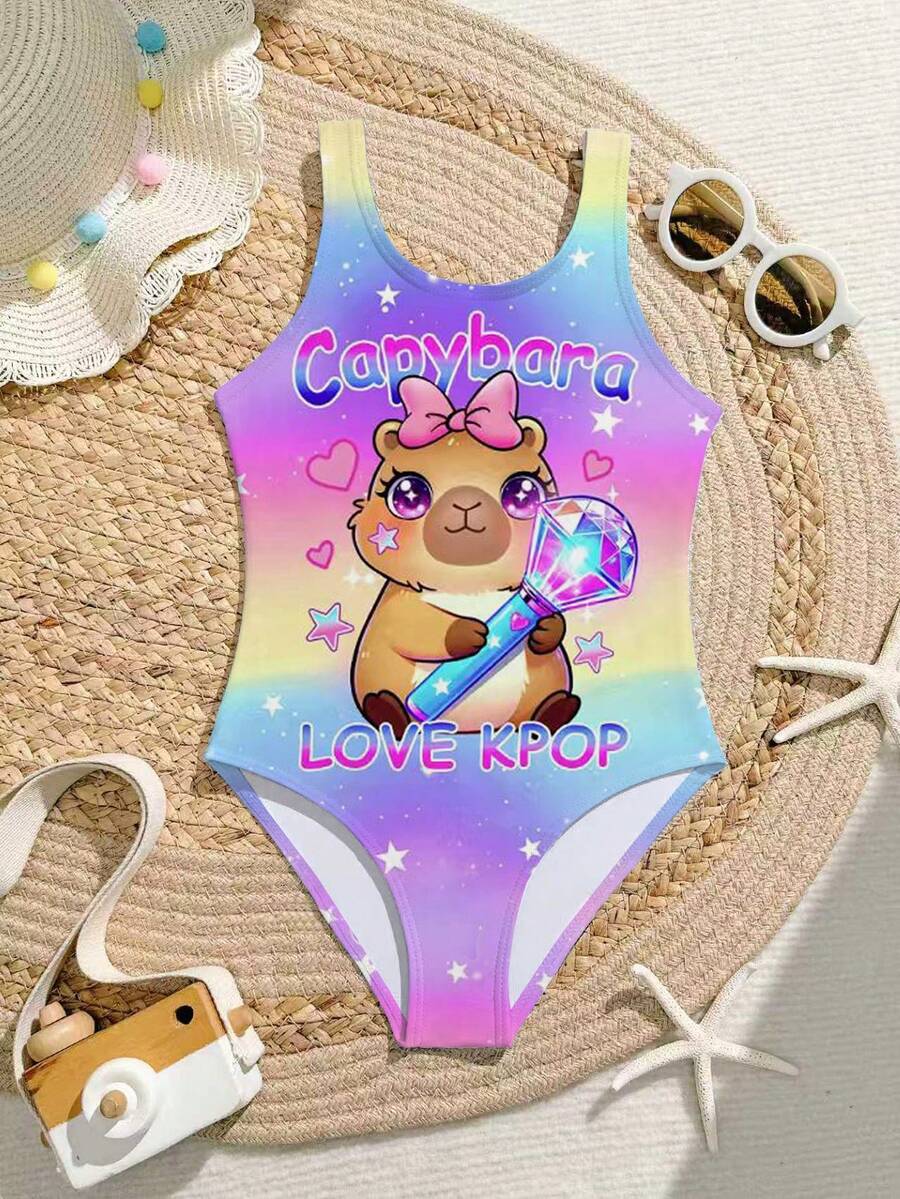 Colorful Capybara Printed Cute Style Young Girls One-Piece Swimsuit, Suitable For Summer Beach, Vacation, Swimming Pool, Party - Multicolor - View 1