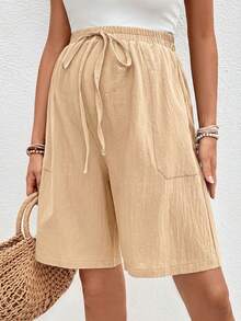 SHEIN Short de maternité d'été décontracté de couleur unie avec cordon de serrage - Kaki - Voir 3
