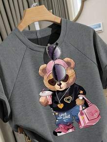 Tween Girls Summer Cute Family Matching Grey Raglan Sleeve T-Shirt & Shorts Set,Cool Bear Print Loose Short Sleeve Top,Pockets Casual Daily Wear - Multicolor - View 8
