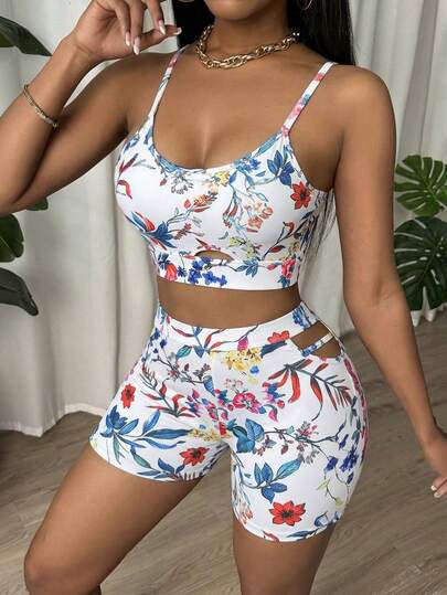 女士印花吊带背心和短裤运动套装