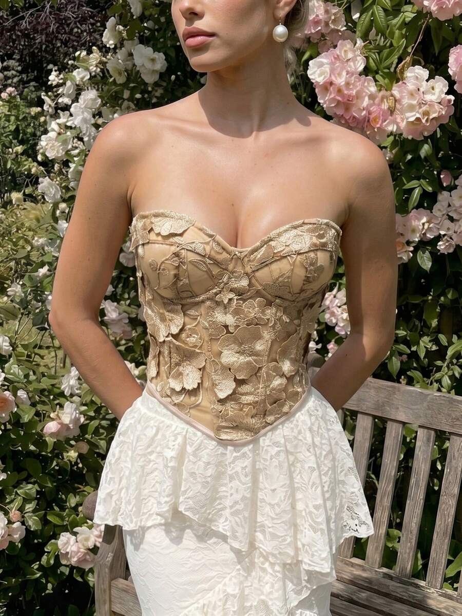 SHEIN Áo corset có cấu trúc đính đá lấp lánh - Màu be - Xem 1