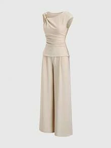 Sweetra Women's New Fashion Versatile Sleeveless Metal Buckle Waist Top + Women's New Fashion Versatile Drape Straight Leg Pants Commuting 2 Pieces Set - Green - View 3