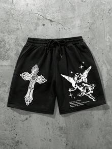 Manfinity EMRG Quần short nam phong cách đường phố in hình thánh giá và thiên thần. - màu đen - Xem 1