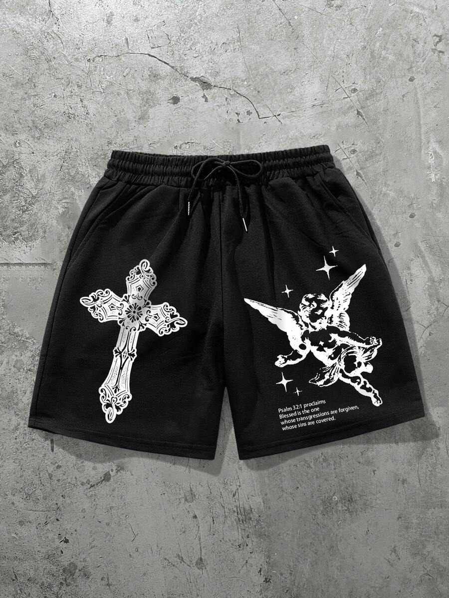 Manfinity EMRG Quần short nam phong cách đường phố in hình thánh giá và thiên thần. - màu đen - Xem 1