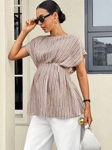 MaterniWear Áo sơ mi bà bầu thời trang, đa năng, kẻ sọc, cạp chun, thích hợp cho các chuyến đi chơi và du lịch. - Màu Khaki - Xem 4