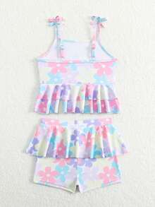 Young Girl Floral Print Ruffle Trim Tankini Swimwear Set For Beach Vacation - Purple - View 2