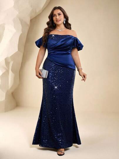 Coutiva Plus Size Women's Sequin Patchwork Off-Shoulder Formal Evening Gown Floral Lace Collar Flare Sleeve Elegant High-End Evening Gown, Luxury Elegant Party Dress Solid Color Square Neck Sleeveless High-End Evening Dress, Elegant And Luxurious Formal Gown Black Bodycon Dress Women's Slim Dress Sexy Curve Dress Black Dress For Women Shapewear Dress Long Black Elegant Dress Black Satin Dress Black Formal Evening Gown Black Dinner Dress Sexy Elegant Dress Black Backless Dress Satin Dress Elegant Graduation Ceremony, School Opening, Music Festival, Birthday Party, Wedding, Afternoon Tea Gathering, Ball Ceremony Dress Wedding Vacation Party Holiday Dresses