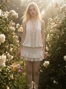 SHEIN Sweetina Deep V-Neck Lace Patchwork Halter Mini Dress For Women - Beige - View 6