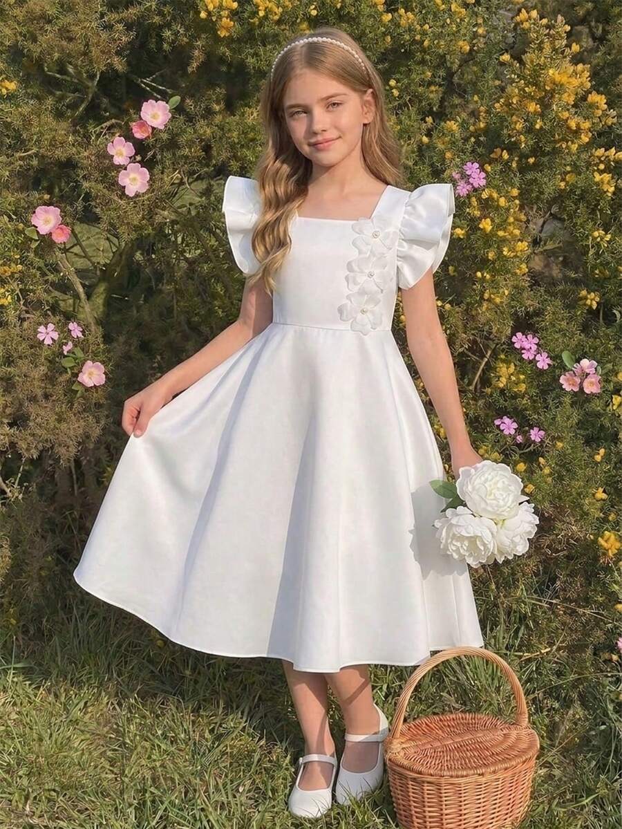 SHEIN Tween Girls Purple 3D Floral Long Dress, Elegant & Graceful, Minimalist Fashion, & Luxurious, Suitable For Outings, Gatherings, Travel, Holidays, Birthday Parties - White - View 1