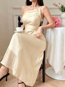 Vestido de mujer elegante de unicolor con cuello asimétrico, manga sin mangas y plisado, de largo medio, para verano y como vestido de invitada de boda - Albaricoque - Ver 4