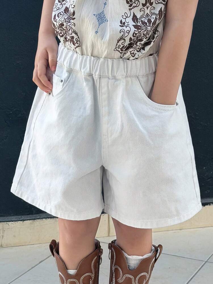 Girls' Loose Solid Color Denim Shorts (Small)