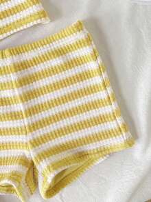 SHEIN Tween Girls' Casual Striped Tank Top And Shorts Set, Comfortable And Minimalist - Yellow - View 4