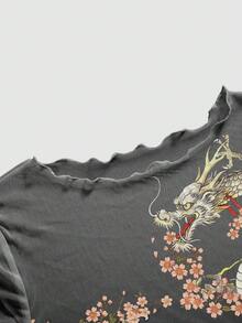 ROMWE Avant 暗黑学院风前卫薄纱音乐节虎龙梅花印花短袖T恤，女款夏季上衣 - 黑色 - 查看 3