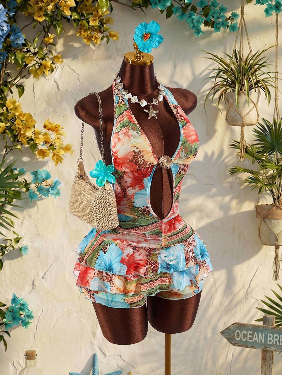 Amplova Jumpsuit Romper Halter Seksi Bercorak Bunga untuk Wanita, Cocok untuk Liburan - Jeruk - View 1