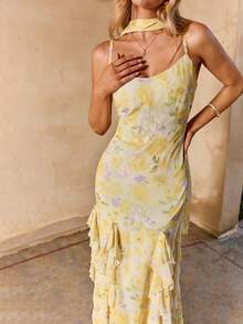 Enchnt Women's Floral Print Patchwork Ruffle Hem Elegant Camisole Dress, Suitable For Vacation,Summer Dress , Easter Dress Women ,Beach Dress ,Wedding Guest Dress For Women,Graduation Dress , Elegant Dresses, Formal Dress,Floral Dresses,Summer Dresses For Women - Yellow - View 5