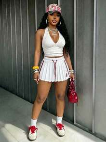 BamGleam Spring Break Letter-Patterned Mini Pleated Skirt, Y2K Preppy Style Cute Color-Blocked Mini Pleated Skirt, Sexy Music Festival Summer Casual White Summer Outfit, Back-To-School Casual Wear. - White - View 4