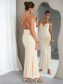 MaterniChic Maternity Dress Summer Pregnant With A Highly Elastic Skirt, Comfortable And Elegant Solid Color Spaghetti Strap Fitted Ruched - Apricot - View 2