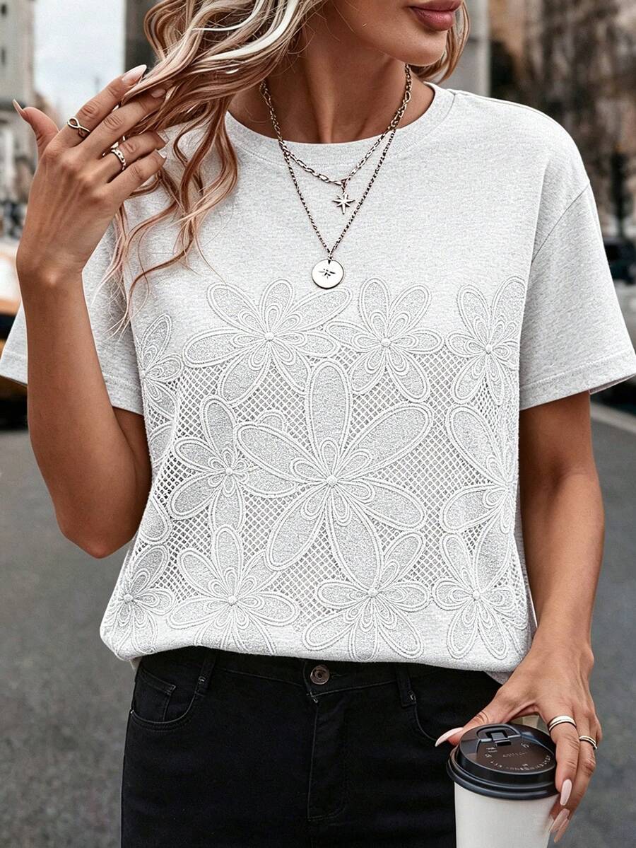 EMERY ROSE Camiseta casual de mujer con cuello redondo de manga corta, cómoda y con estampado floral de imitación, adecuada para uso casual diario - Multicolor - Ver 1