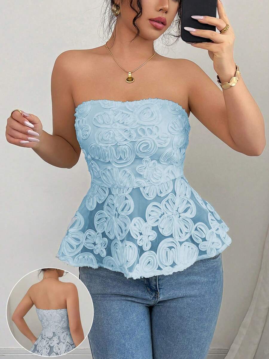 Rafferiza Áo kiểu thanh lịch không dây vai, thắt eo, xếp ly, vạt áo bồng bềnh, khóa kéo ẩn, chất liệu lưới thêu hoa, màu mơ, thích hợp cho mùa xuân/hè. - Màu xanh lam - Xem 1