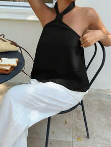 SHEIN EZwear Atasan Wanita Model Halter Neck Tenun Warna Hitam, Atasan Musim Panas - Hitam - View 8