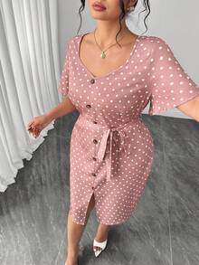 Elenzga Plus Size Women's Polka Dot Print Casual 1920s Vintage Fashionable Daily Commute Gym Summer Dress Brunch Brown - Multicolor - View 1