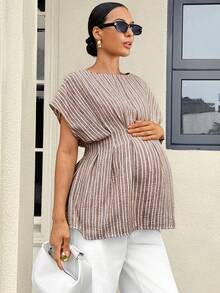 MaterniWear Áo sơ mi bà bầu thời trang, đa năng, kẻ sọc, cạp chun, thích hợp cho các chuyến đi chơi và du lịch. - Màu Khaki - Xem 1