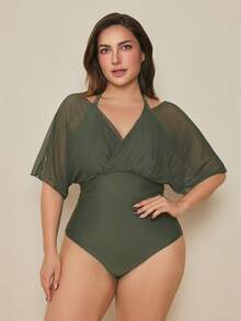 Swim Basics 大码女式纯色蝙蝠袖两合一挂脖连体泳衣 - 軍綠色 - 查看 3