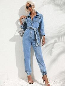 SHEIN Tall Women's Collared Pocket Waist Tie Design Fashionable Date Outing Denim Jumpsuit - Light Wash - View 2