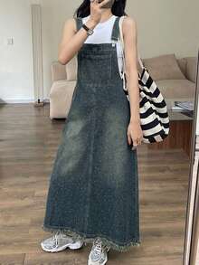 Vestido vaquero casual de mujer con tirantes anchos, bolsillos y botones, vestido largo tipo sundress - Agua verde azul - Ver 6